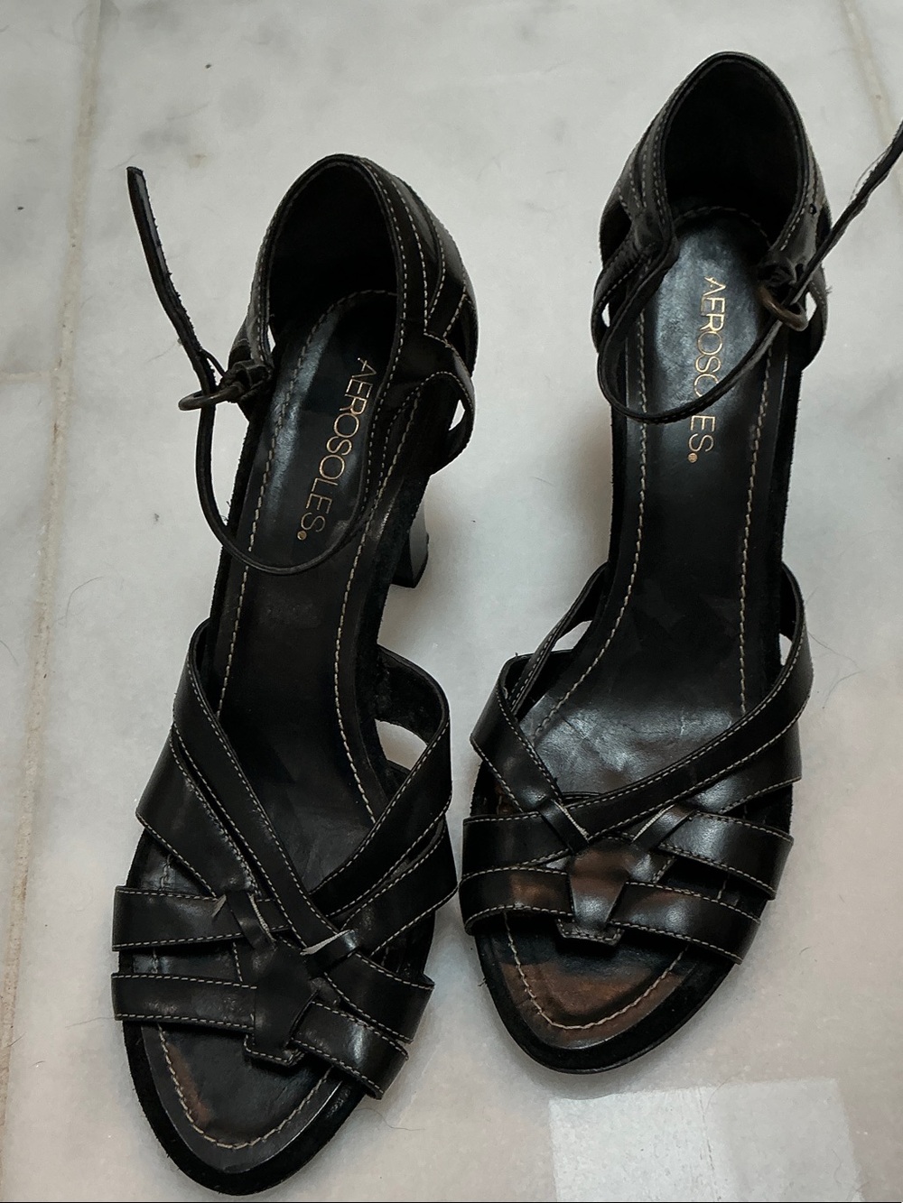 AEROSOLES Black Strappy Leather Ankle-Tie Heels 8/12 New no tags